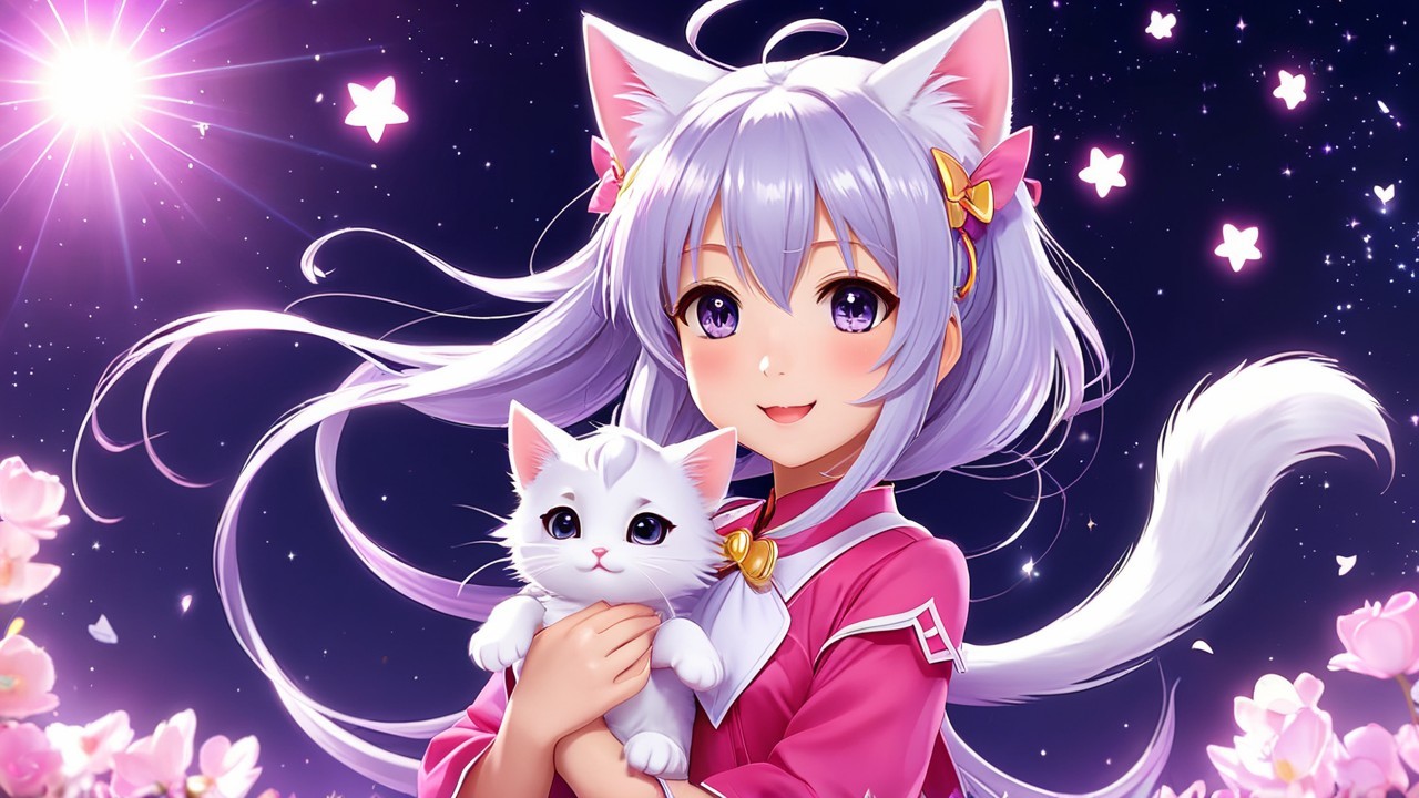 Cheerful girl with lavender hair and kitten in pink outfit