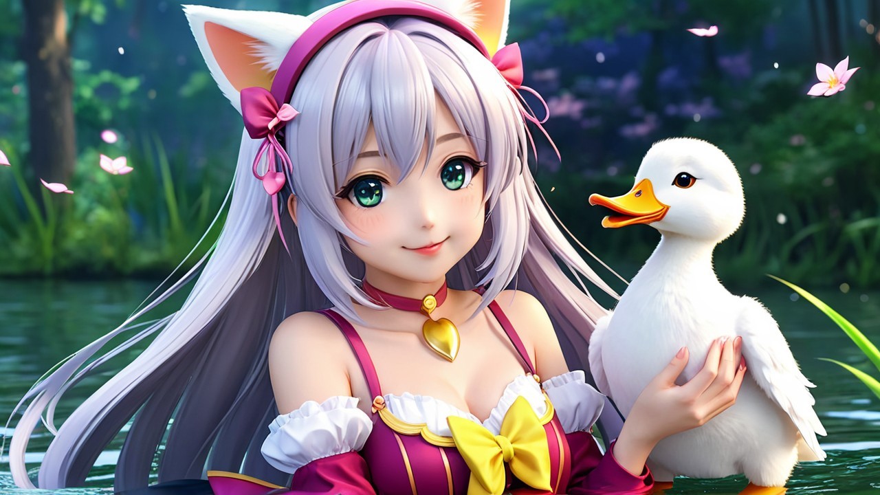 Cheerful character with cat ears and friendly duck