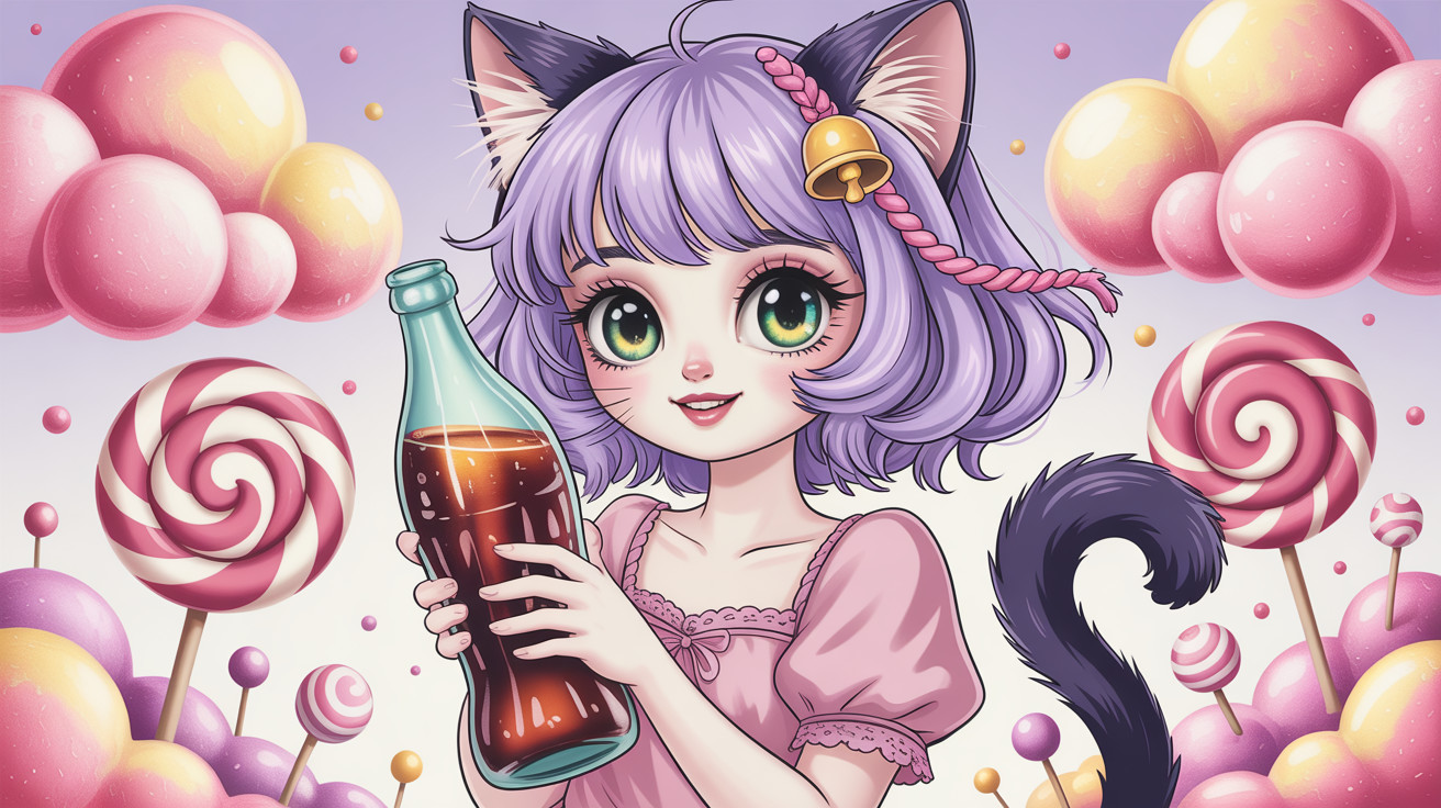 Anime Scene of Girl in Candy Land with Brown Liquid