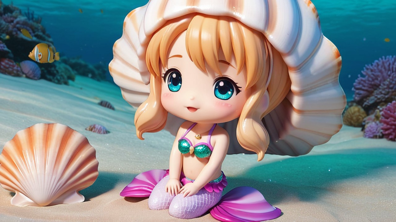 Chibi Mermaid Girl on Ocean Floor with Coral Surroundings