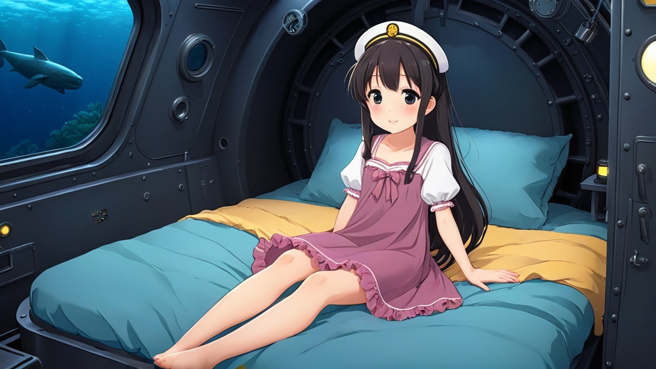 Young girl in submarine with underwater scene view