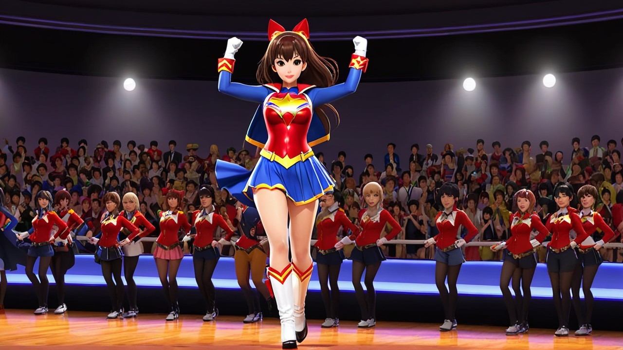Vibrant Animated Scene with Superhero Character and Dancers