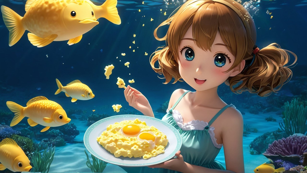 Cheerful Girl Underwater with Colorful Fish and Eggs