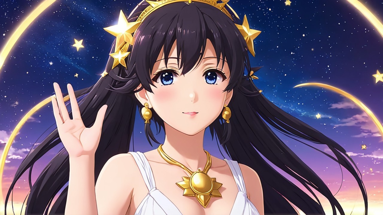 Young woman in white dress against starry twilight sky