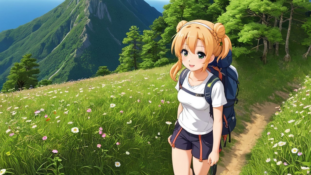Cheerful girl hiking on a scenic nature trail