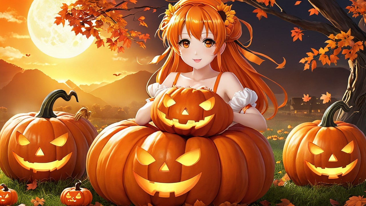Cheerful anime girl in autumn landscape with pumpkins