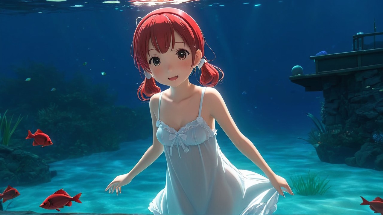 Anime girl with red pigtails swimming underwater