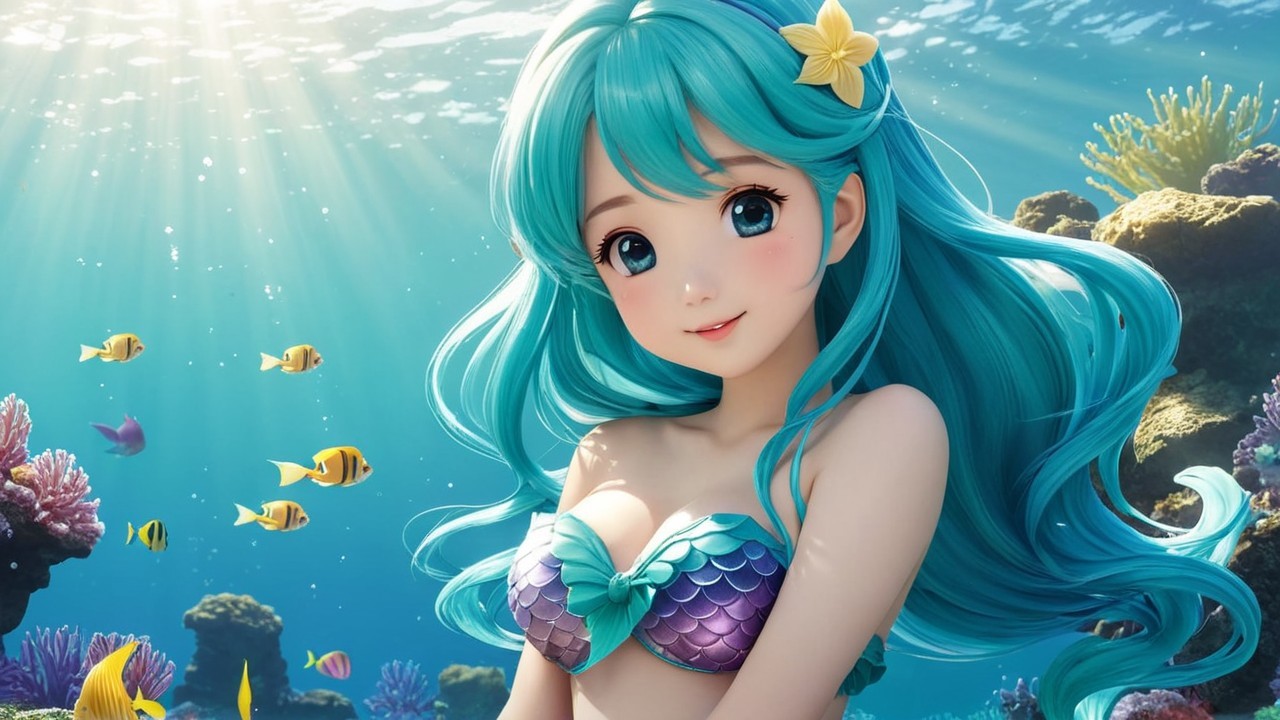 Vibrant Underwater Scene with Young Mermaid and Fish