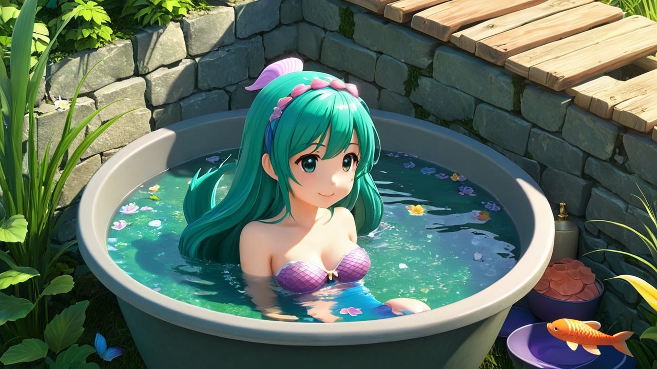 Animated Scene of a Girl in a Garden Tub