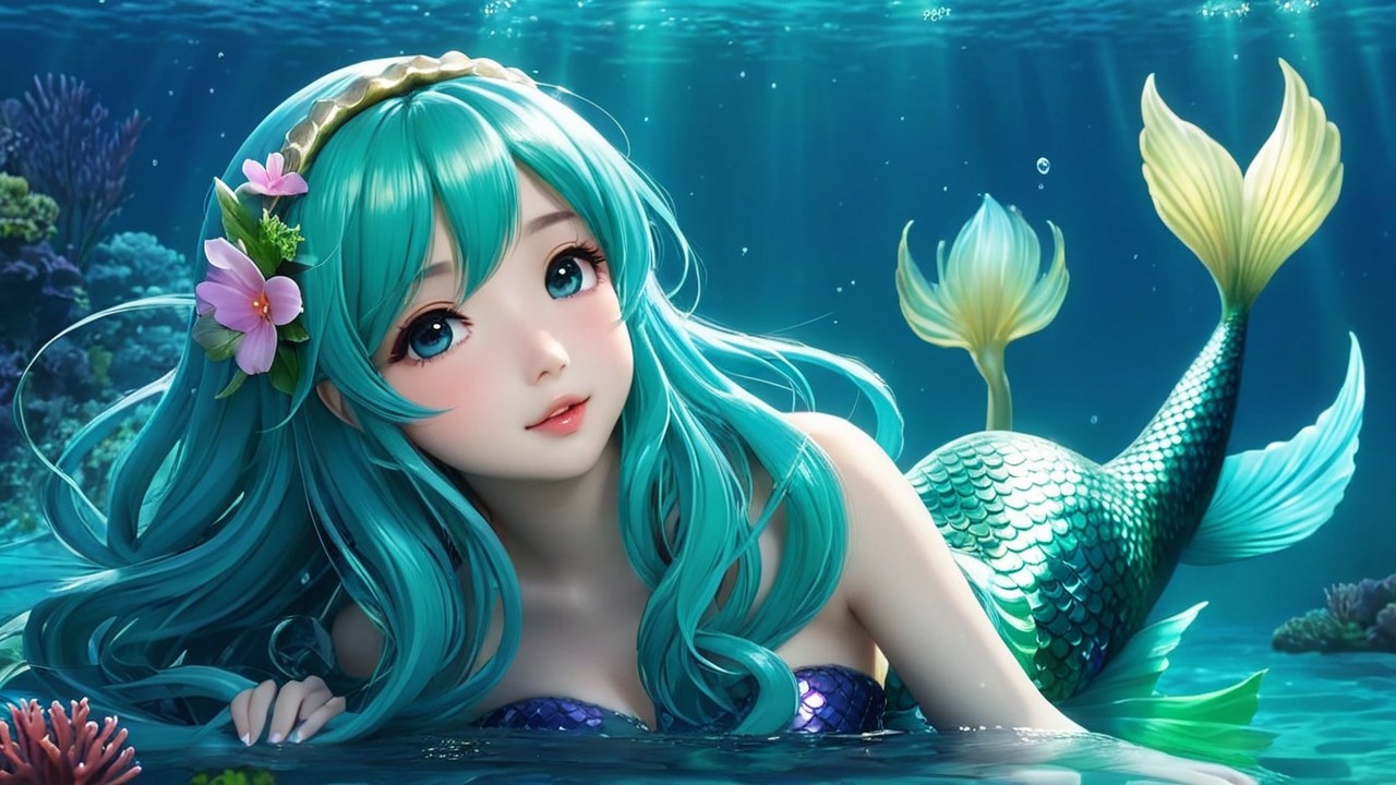 Mermaid with Turquoise Hair in Vibrant Underwater Scene