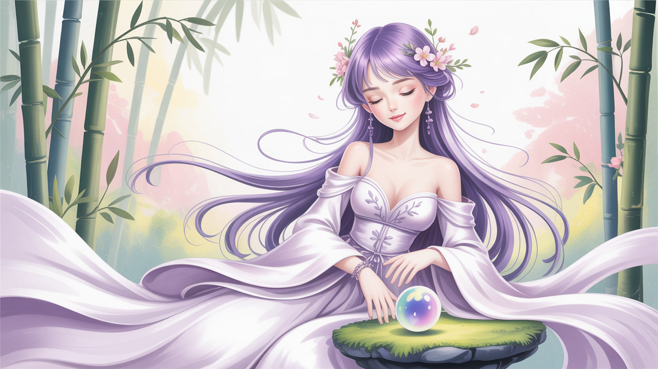 Anime Illustration of Young Woman in Dreamy Landscape
