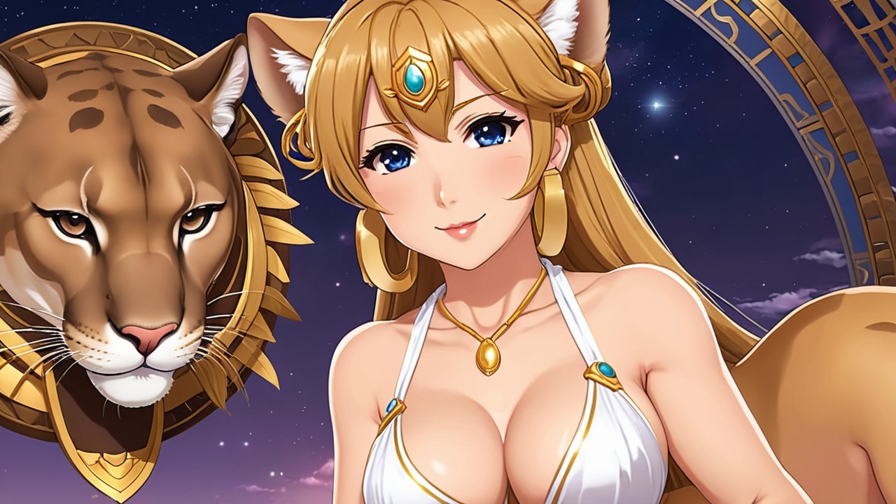 Stylized Character with Feline Features and Lioness Companion