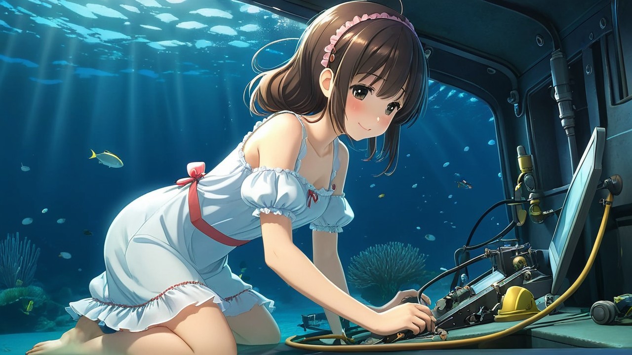 Young girl in a submersible amid vibrant underwater scene