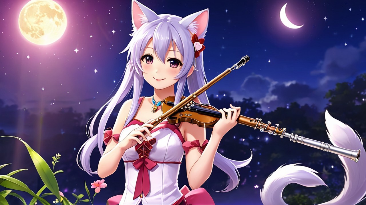 Charming Character with Cat Ears in Moonlit Setting