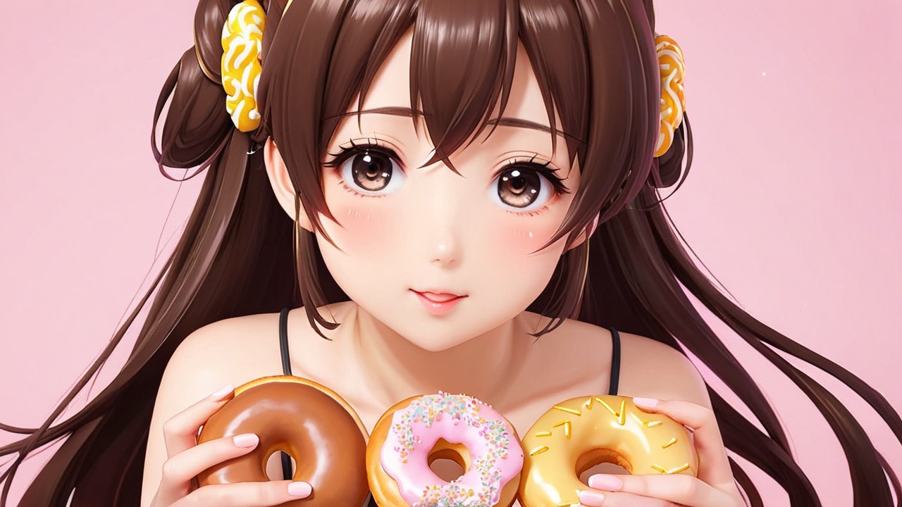 Young woman with playful donut accessories and donuts