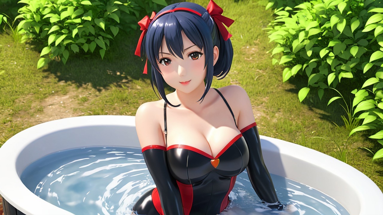 Character in Black Outfit Relaxing in Greenery Tub