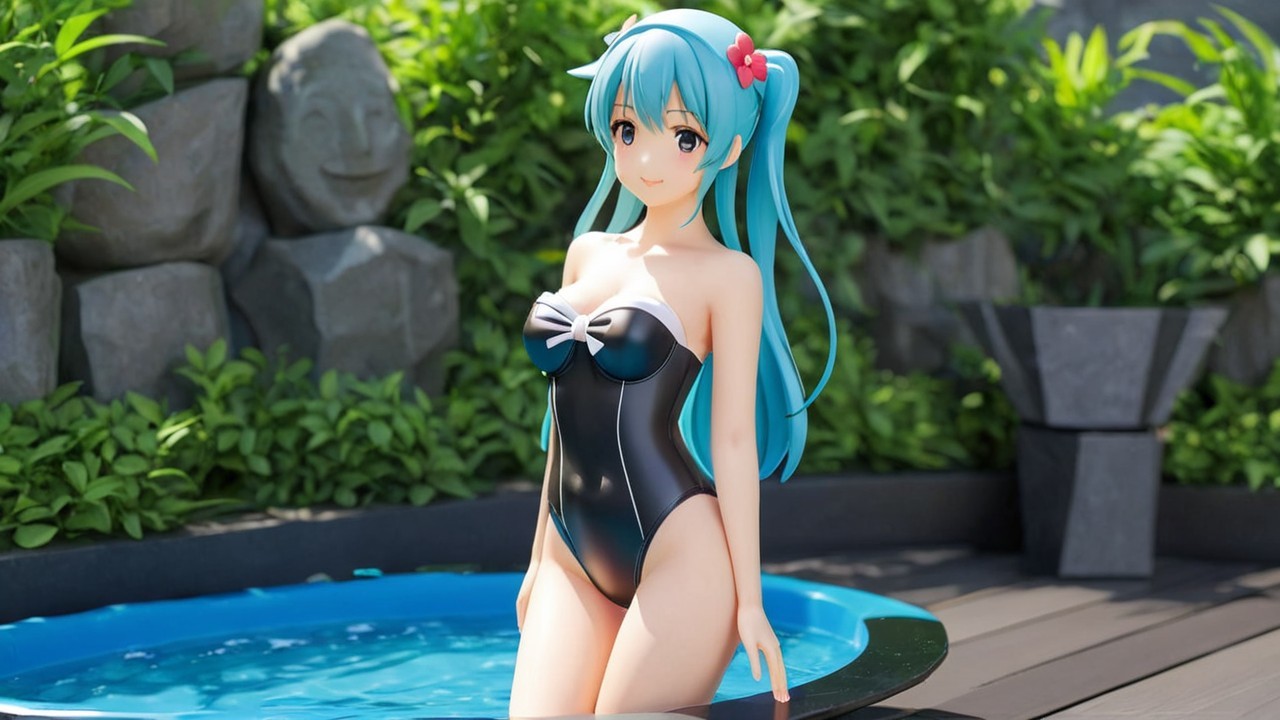 Vibrant Outdoor Scene with Turquoise Hair and Pool