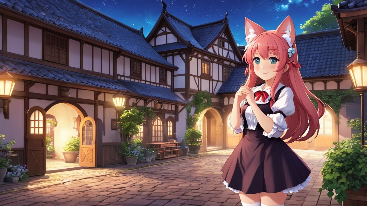 Charming Anime Character in a Quaint Night Village