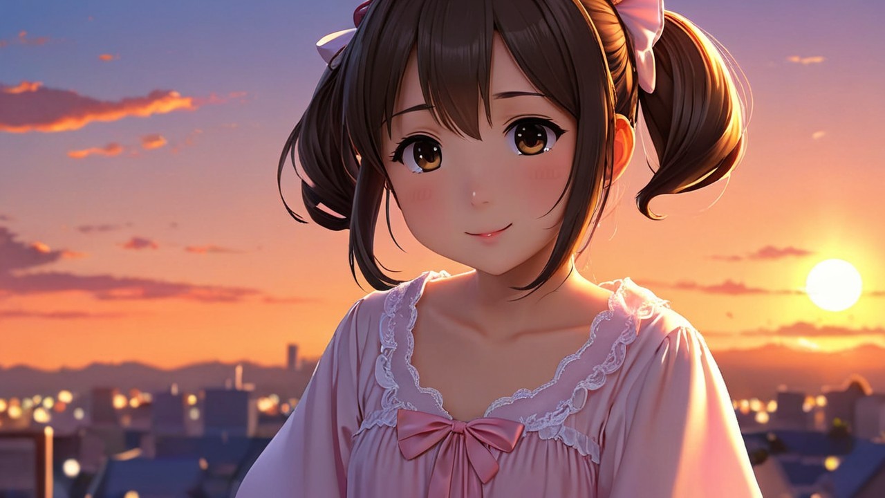 Young girl in pastel nightgown against sunset cityscape