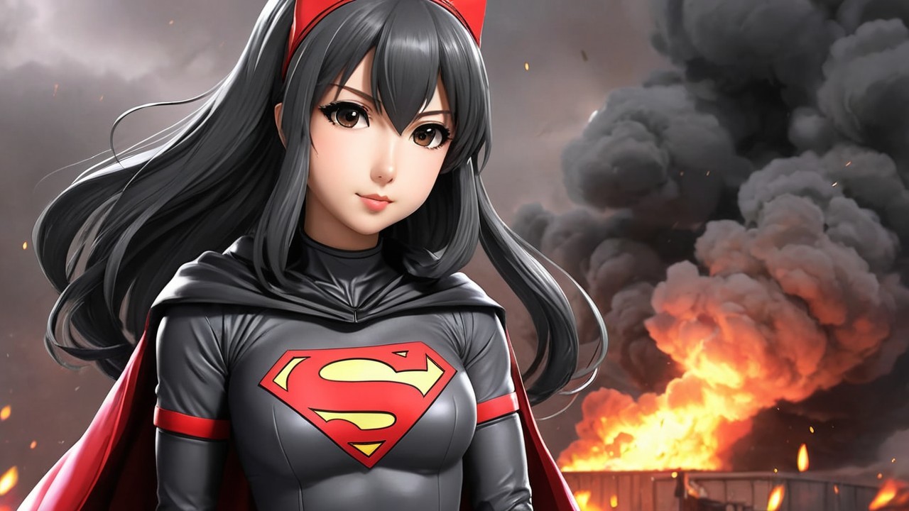 Young superheroine in black and red costume with flames