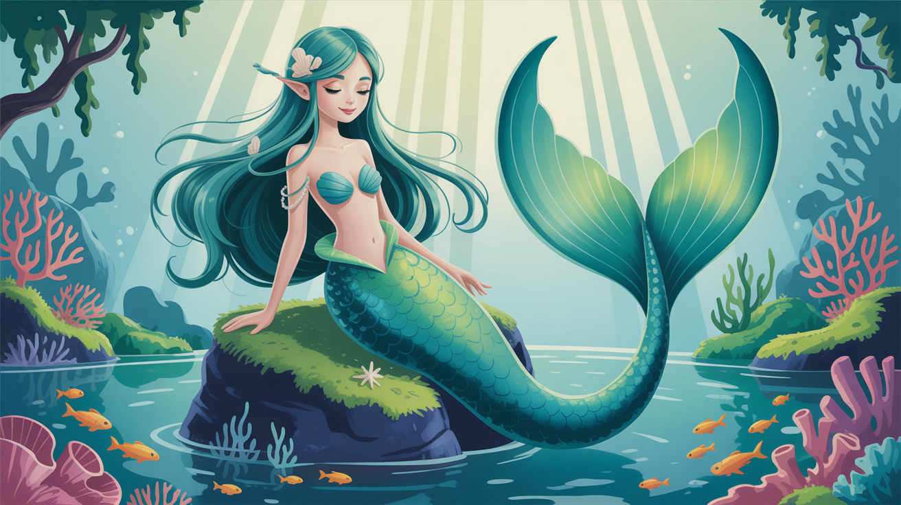 Mermaid with Blue Skin and Colorful Underwater Scene