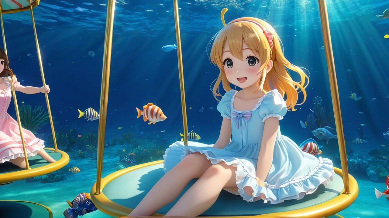 Cheerful girl on swing underwater with coral and fish