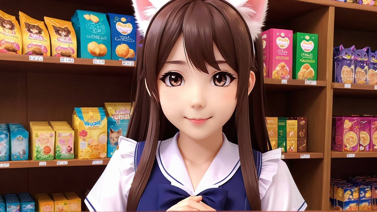 Digital character with cat ears in snack aisle