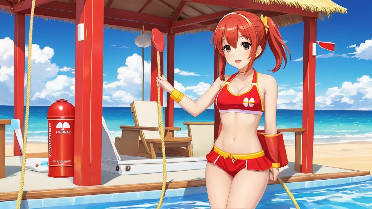 Cheerful Anime Girl at Beachside Lifeguard Station