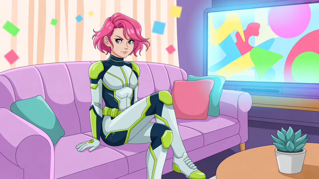 Animated young woman with pink hair on purple sofa