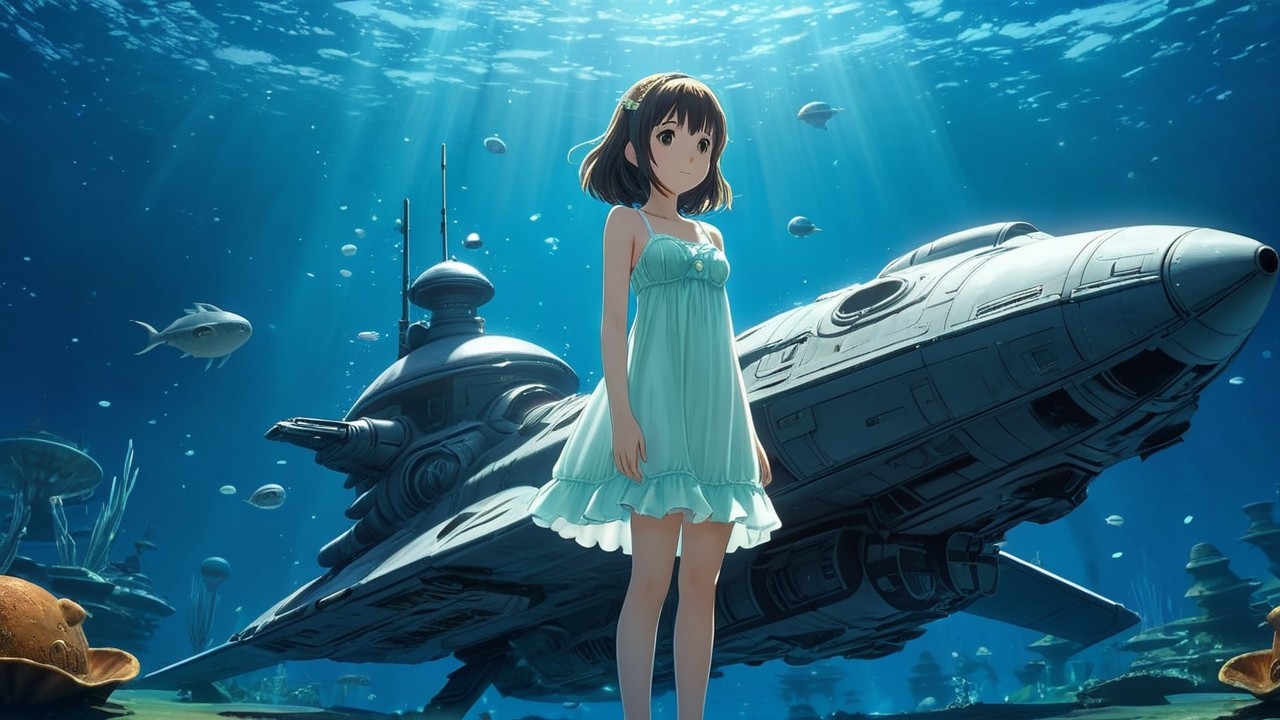 Underwater Scene with Girl and Futuristic Submarine