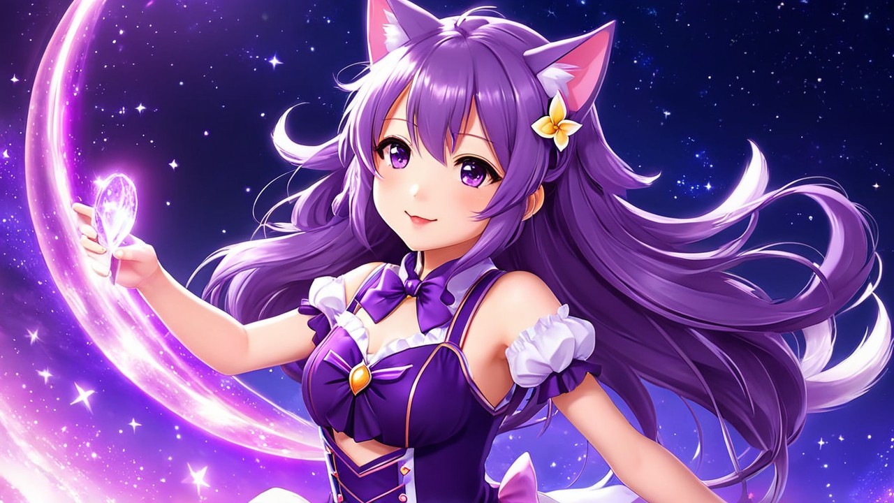 Whimsical Character with Purple Hair in Starry Scene