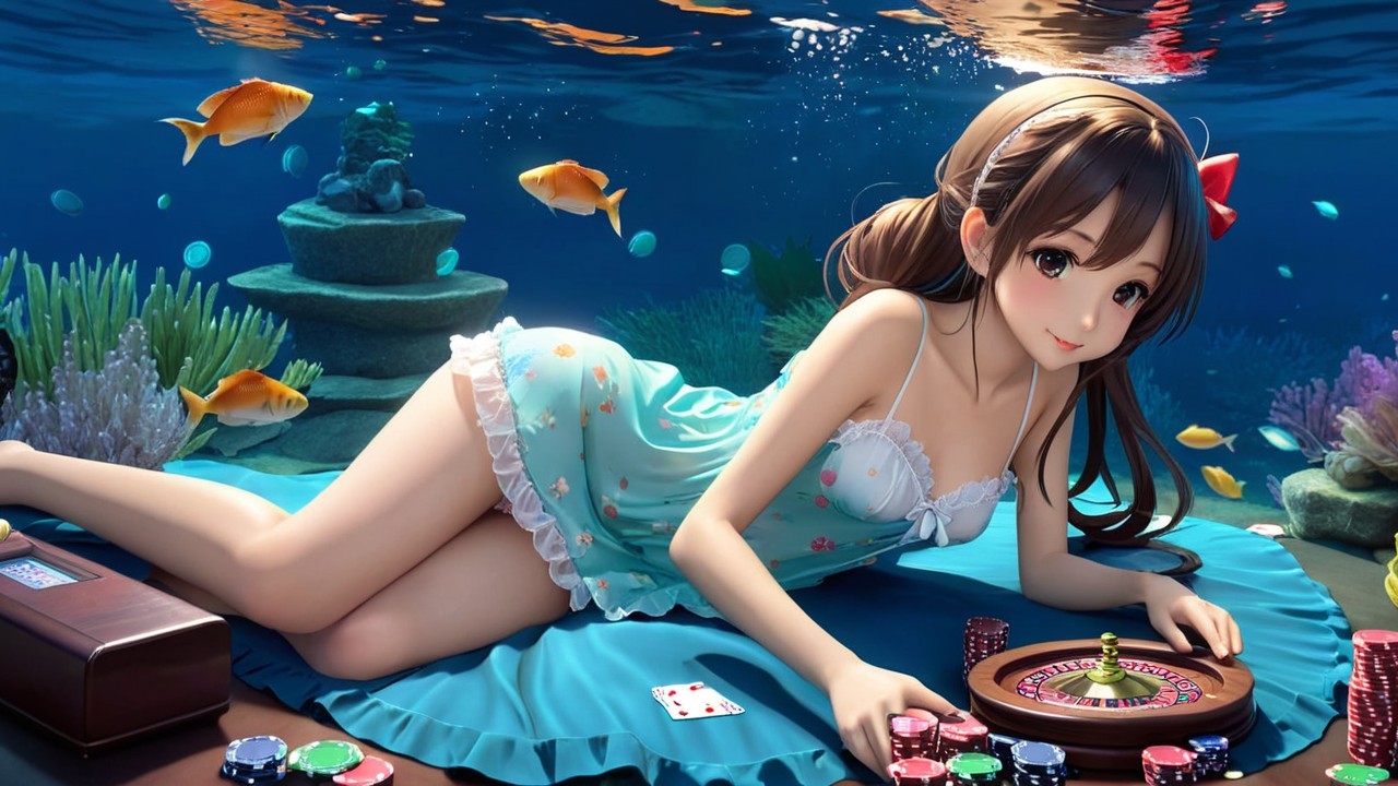 Young woman in nightgown lounges underwater with fish