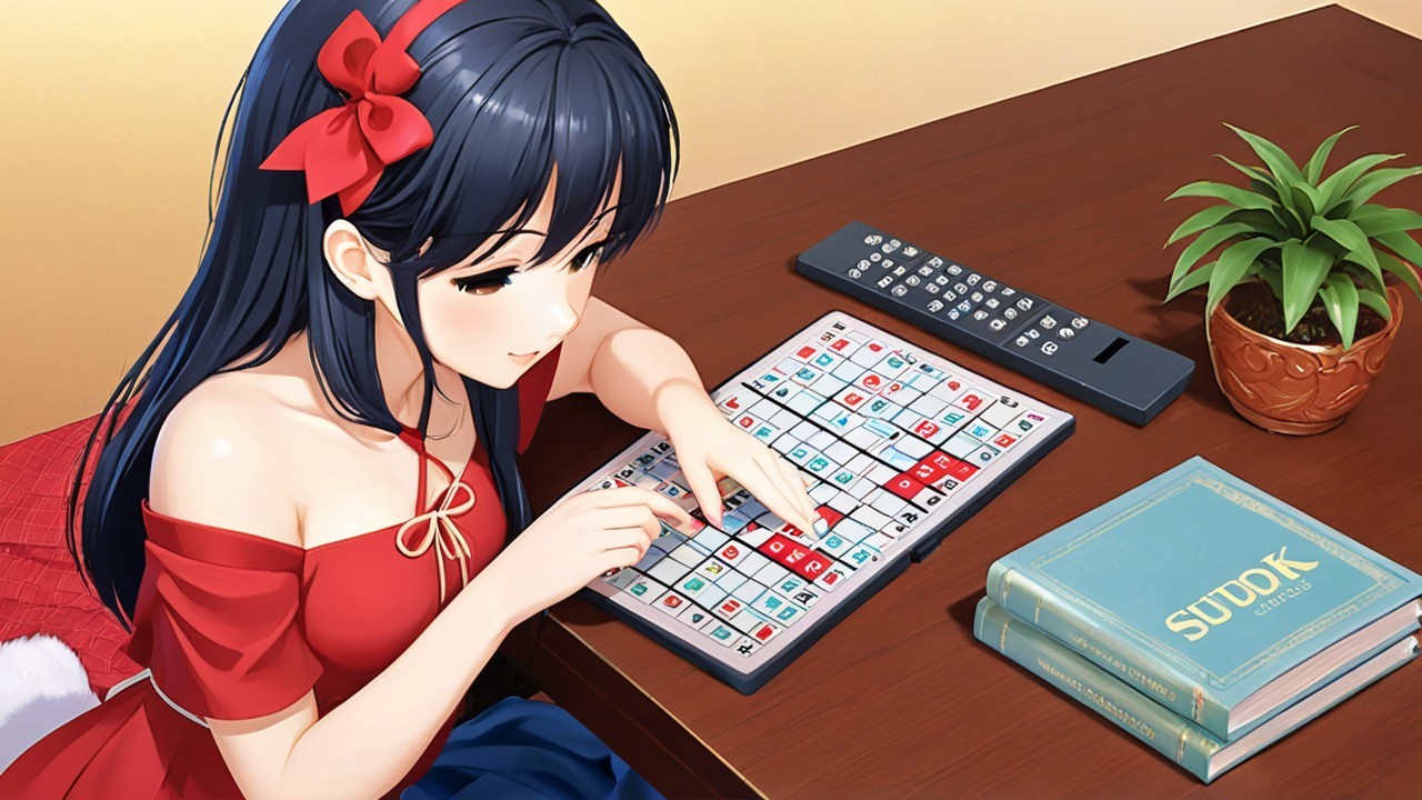 Young Woman Solving Sudoku at a Wooden Table