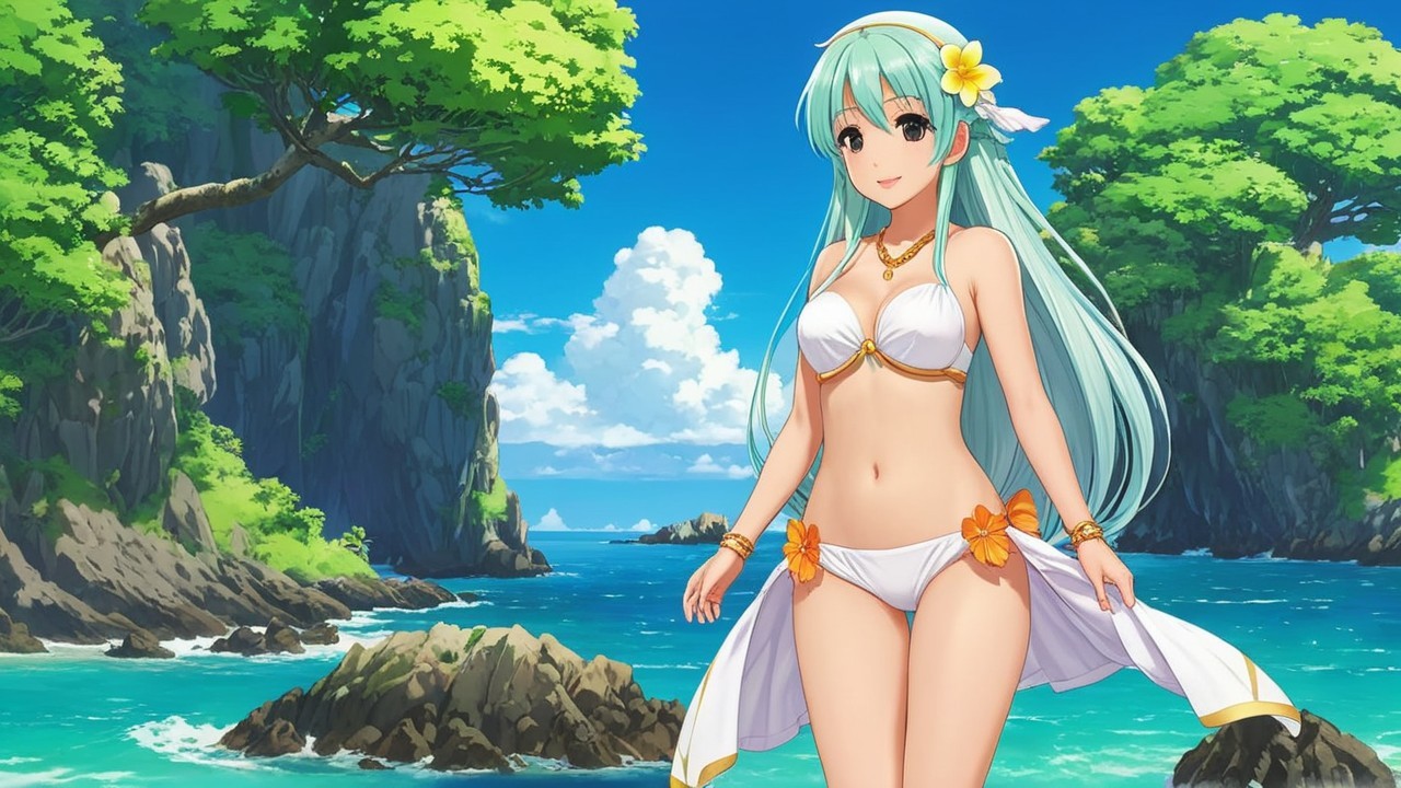 Vibrant Beach Scene with Young Woman in Bikini