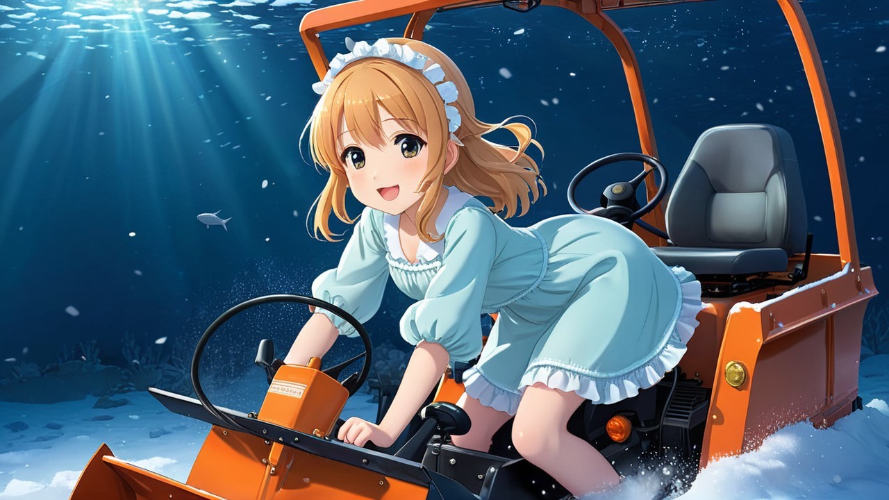 Cheerful girl driving orange snowplow in underwater scene