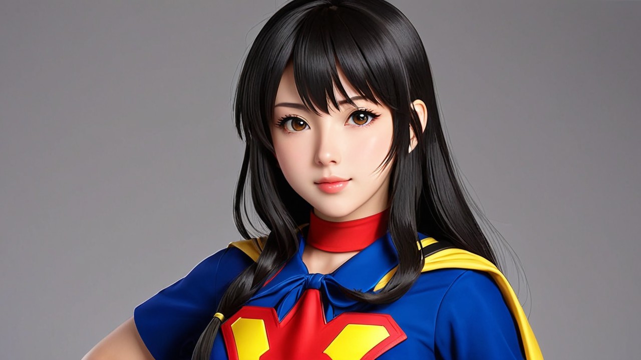 Confident Young Woman in Vibrant Superhero Costume