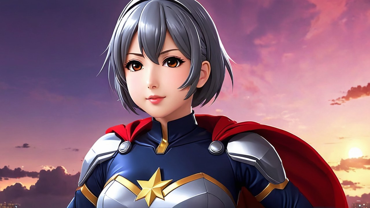 Heroic female character in vibrant sunset backdrop