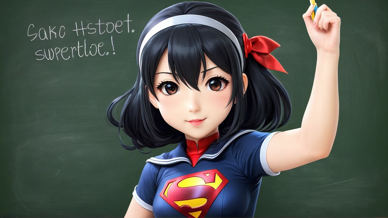 Cheerful Character with Chalkboard and Superman Shirt