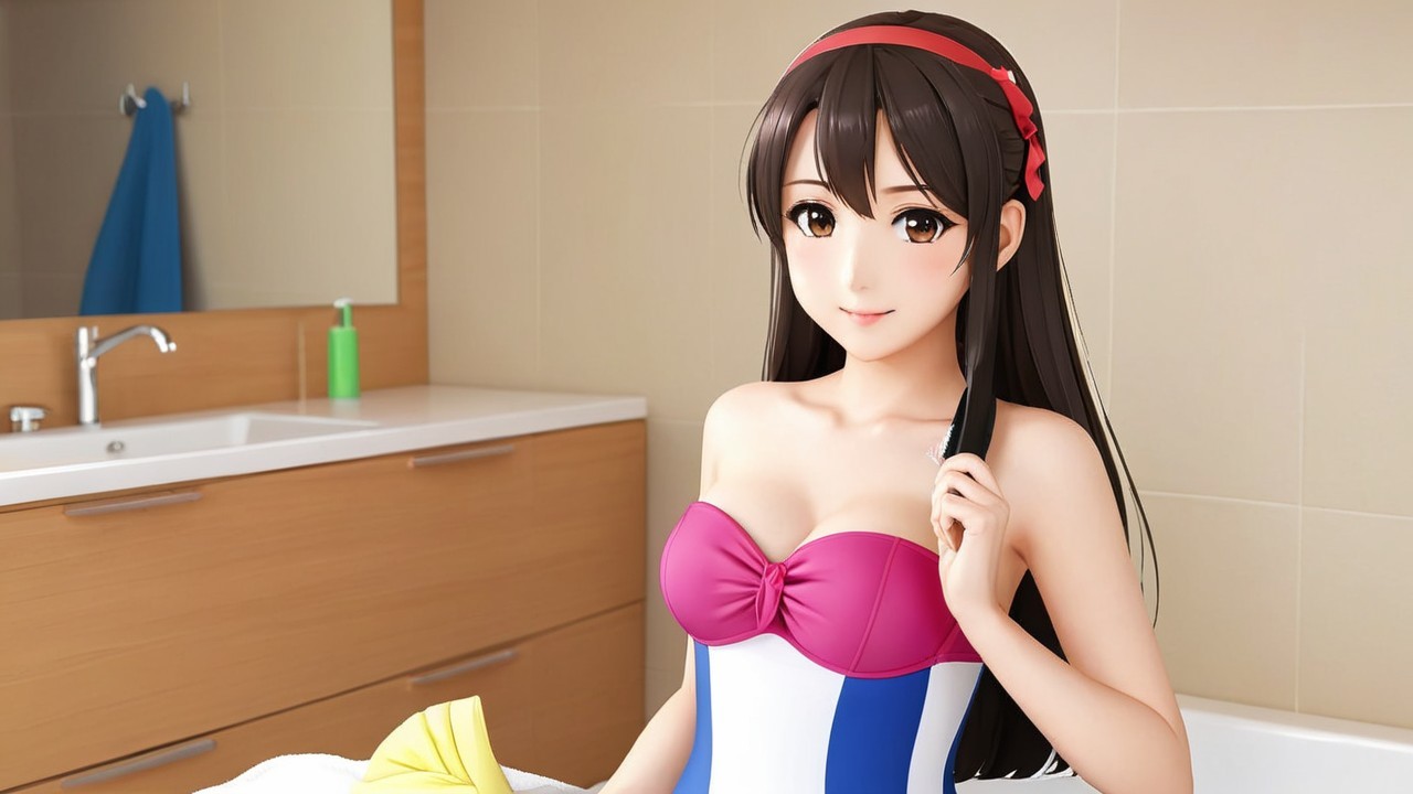 Young Woman in Modern Bathroom with Stylish Swimsuit