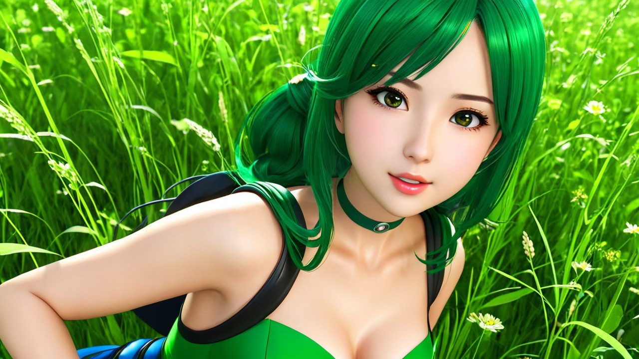 Character with Green Hair in a Lush Grass Field