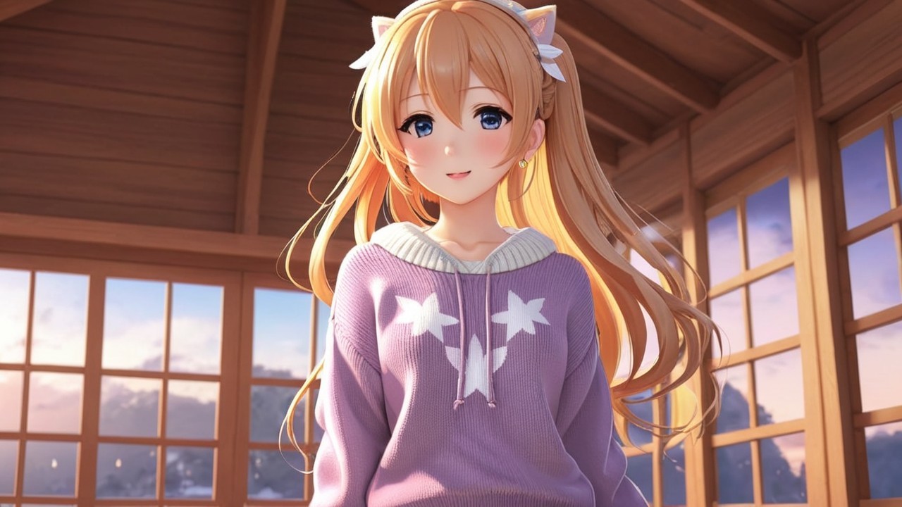 Anime Character in Cozy Wooden Room with Scenic View