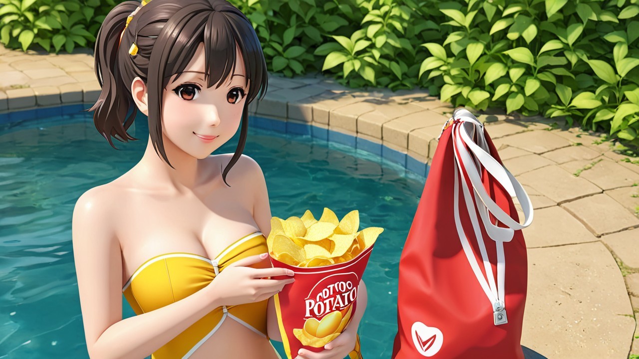 Young Woman in Yellow Swimsuit by Poolside with Snacks