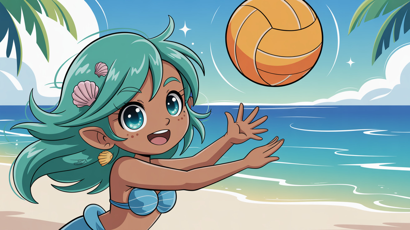 Mermaid Illustration on Beach with Volleyball and Palm Leaves