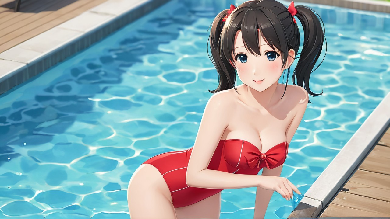 Cheerful anime character by a sunny swimming pool