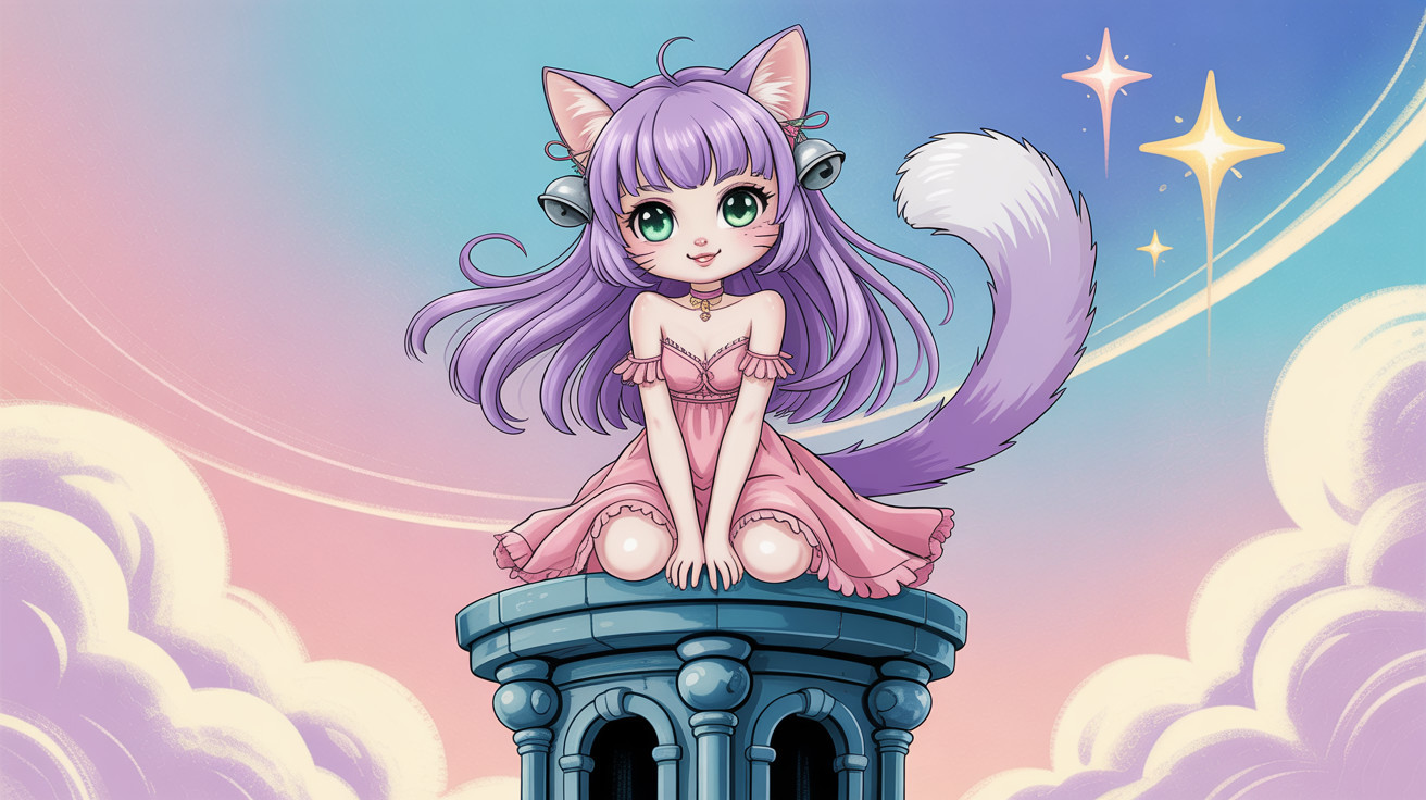 Chibi Cat Girl with Purple Hair on Ornate Pedestal