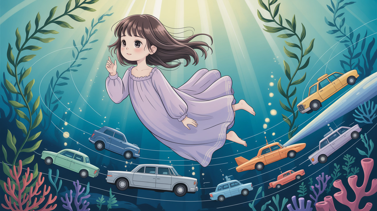 Underwater Anime Scene with Girl and Cars