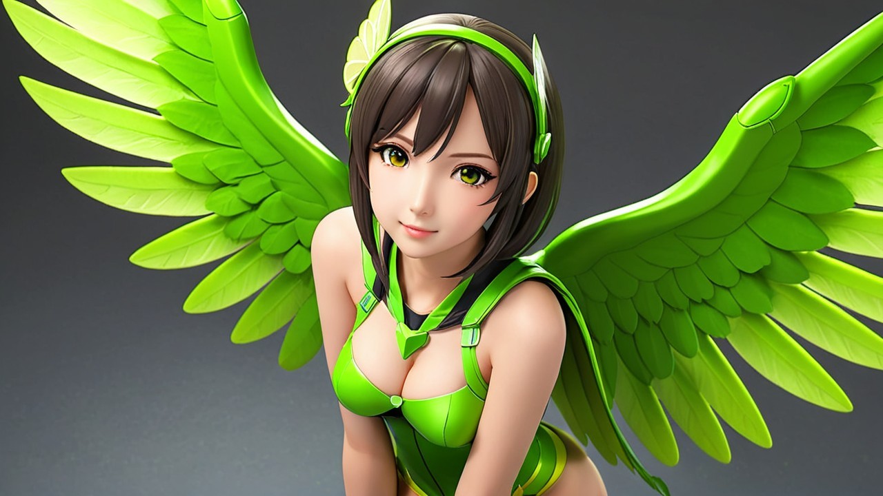 Fantasy Figure of Girl with Green Wings and Outfit