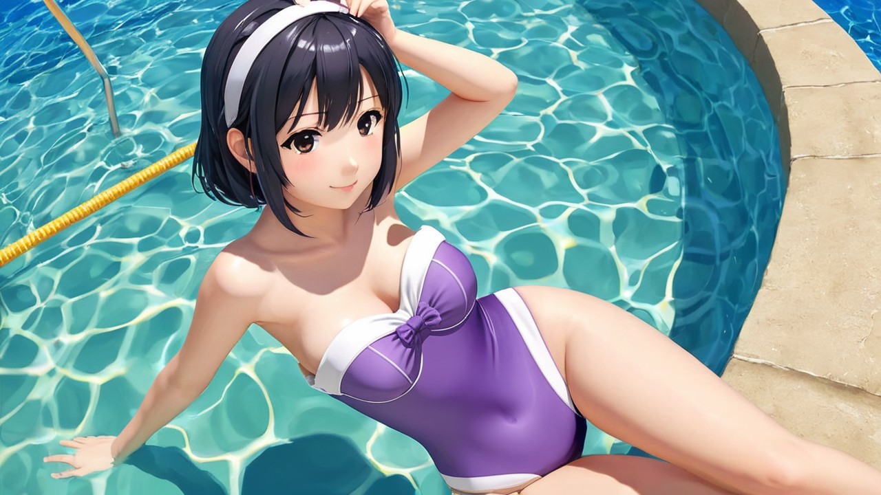 Young woman in purple swimsuit by sparkling pool