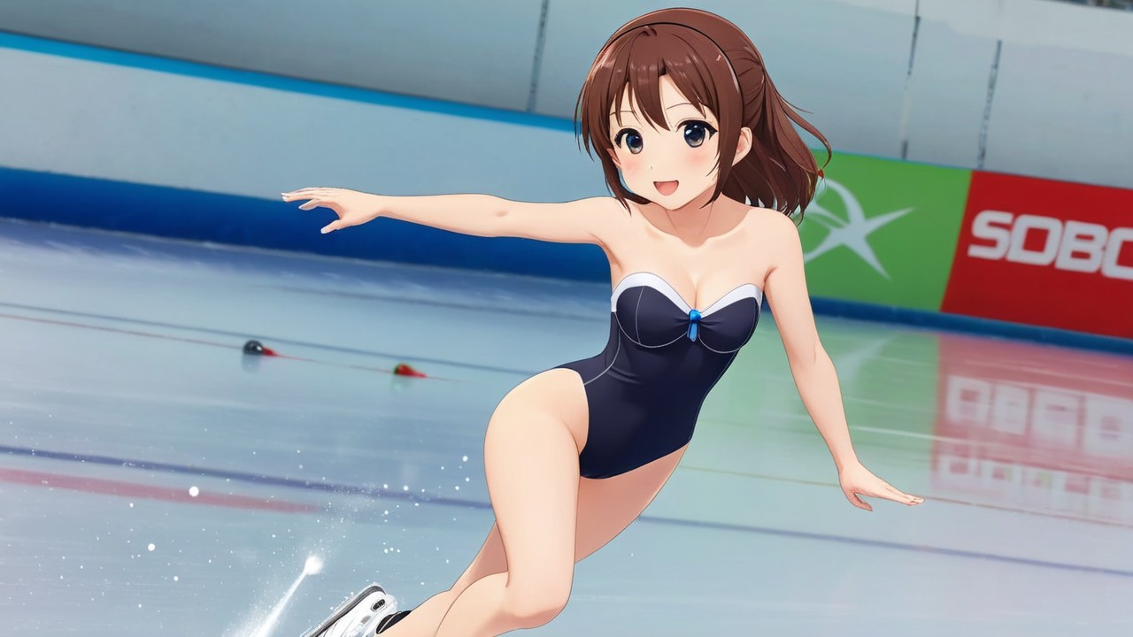 Young Female Figure Skater in Navy Blue Outfit