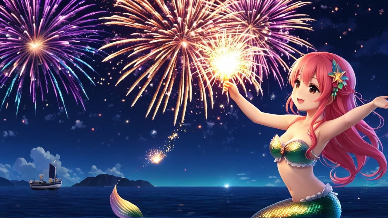 Mermaid Celebrating with Fireworks Over the Ocean